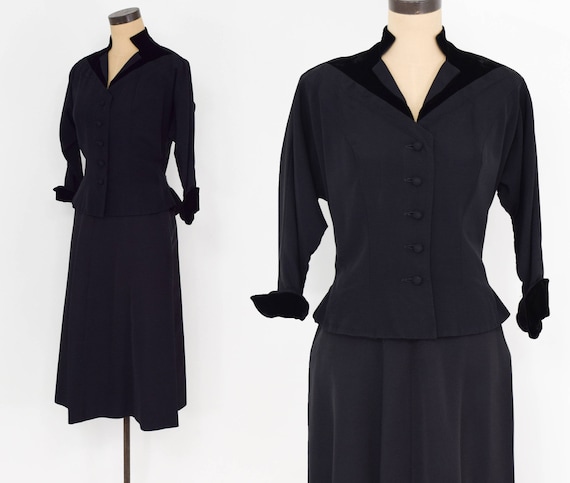 1940s Black Faille Suit | 40s Black Faille & Velve