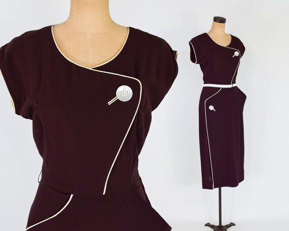 1940s Brown Sheath Dress | 40s Brown Cap Sleeve Dr