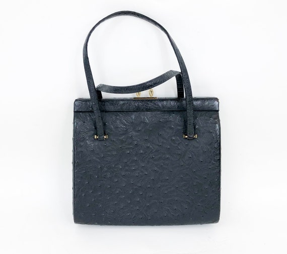 1960s Black Ostrich Handbag | 60s Black Faux Ostri