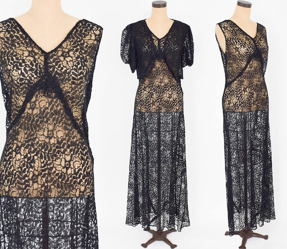 1930s Black Lace Evening Dress | 30s Black Floral… - image 2