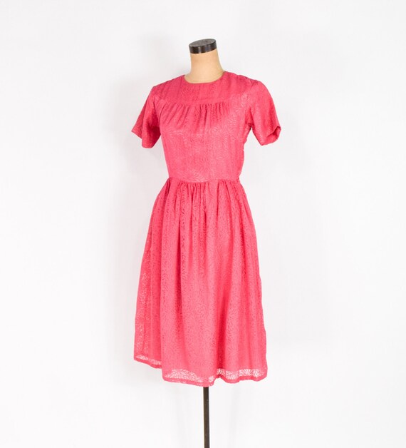 1950s Pink Floral Dress | 50s Bright Pink Chiffon… - image 4