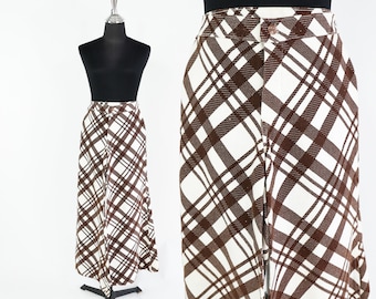 1970s Brown Plaid Palazzo Pants | Brown & White Wide Leg Slacks, Medium