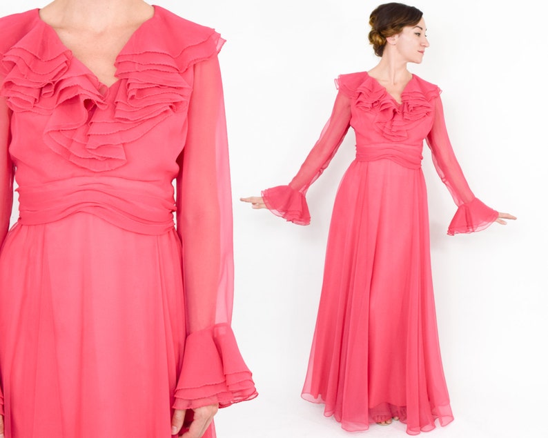 1970s Pink Evening Maxi Dress | 70s Pink Chiffon Ruffle Maxi Dress shops | Miss Elliotte | Medium