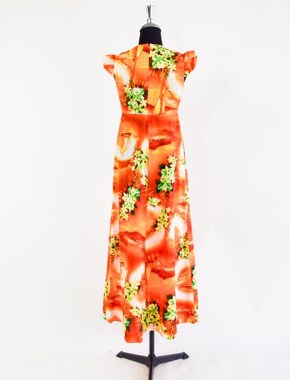 1970s Orange Floral Maxi Dress | 70s Orange Hawai… - image 7