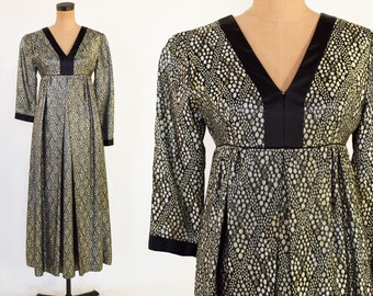 1970s Black Metallic Party Dress | 70s Black & Gold Brocade Maxi Dress Black Gold Formal | Small