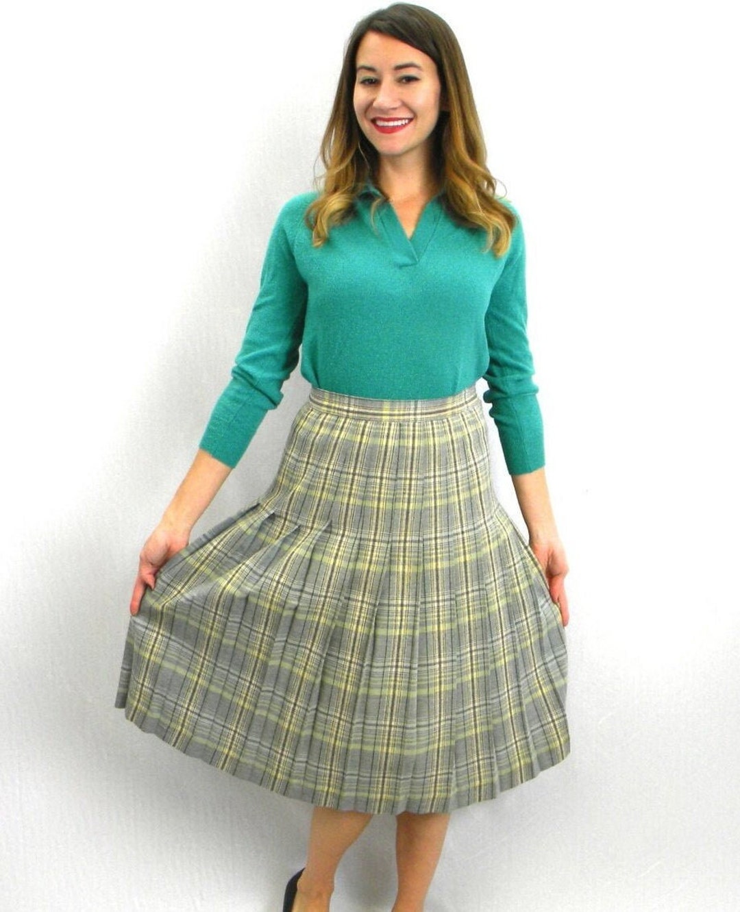 1950s-plaid-wool-pleated-skirt-vintage-grey-yellow-medium-etsy