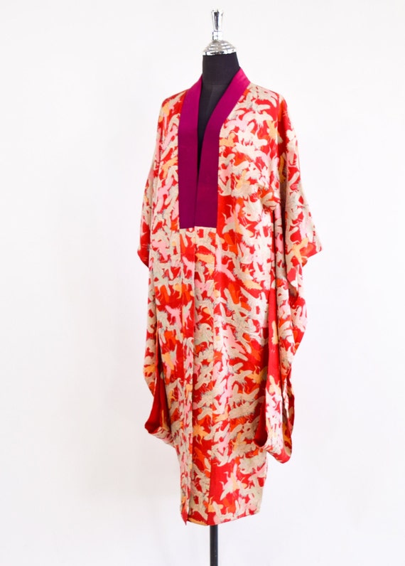 1940s Vintage Red Silk Kimono | 40s White Cranes … - image 4
