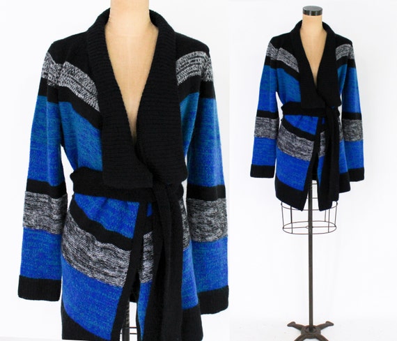 1990s Blue & Gray Stripe Cardigan | 90s Blue Wrap… - image 1