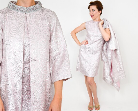 1960s Pink Brocade Dress Coat Set | 60s Pink Metal