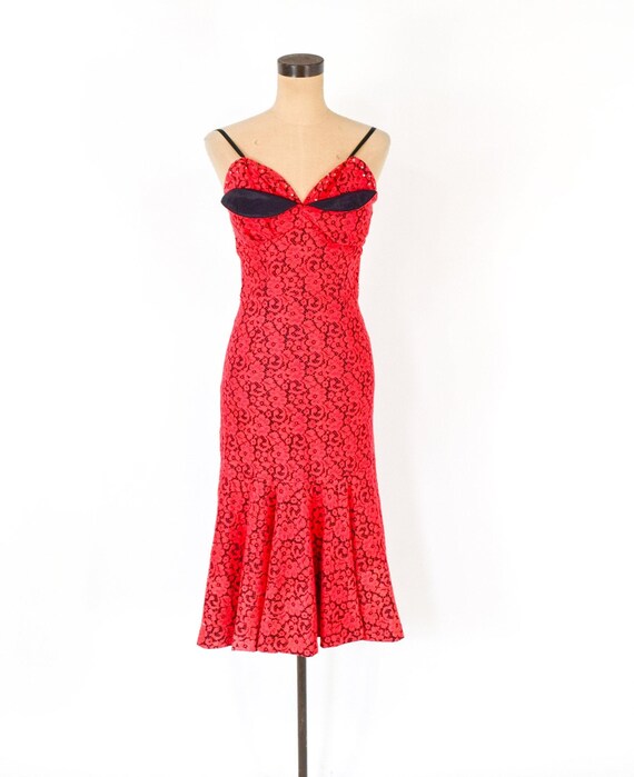 1950s Red Lace Cocktail Dress | 50s Red Lace Stra… - image 3