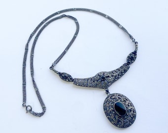 1940s Marcasite & Silver Pendant Necklace | 40 Silver Marcasite Necklace