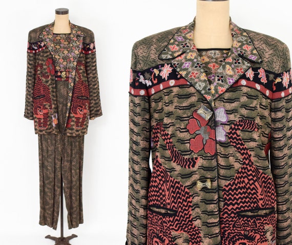 1980s Brown Rayon Pant Jacket Set | 80s Tiger Prin