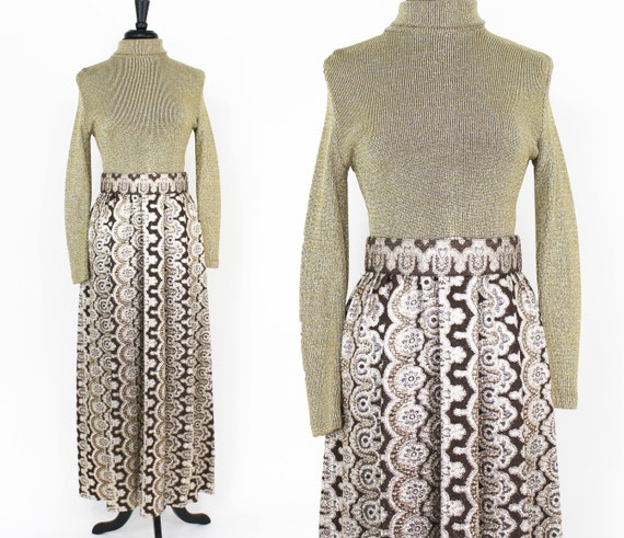 1970s Brown Metallic Maxi Dress | 70s Bronze Metal