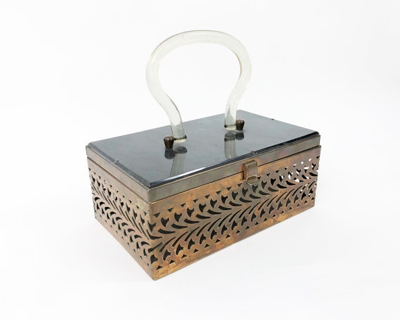 1950s Gray Lucite Box Purse | 50s Gray Plastic & B