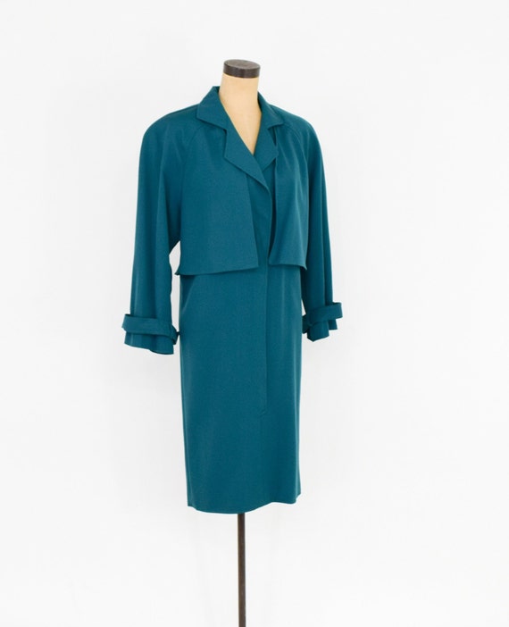 1980s Blue Wool Gabardine Dress | 80s Aqua Wool G… - image 5