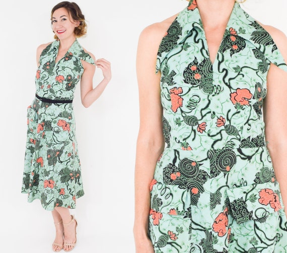 1950s Green Cotton Print Halter Dress | 50s Mint … - image 4