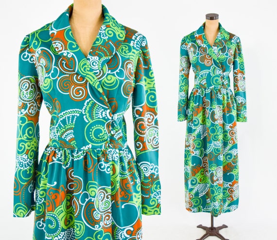 1970s Green Floral Maxi Dress | 70s Green Op Art … - image 1