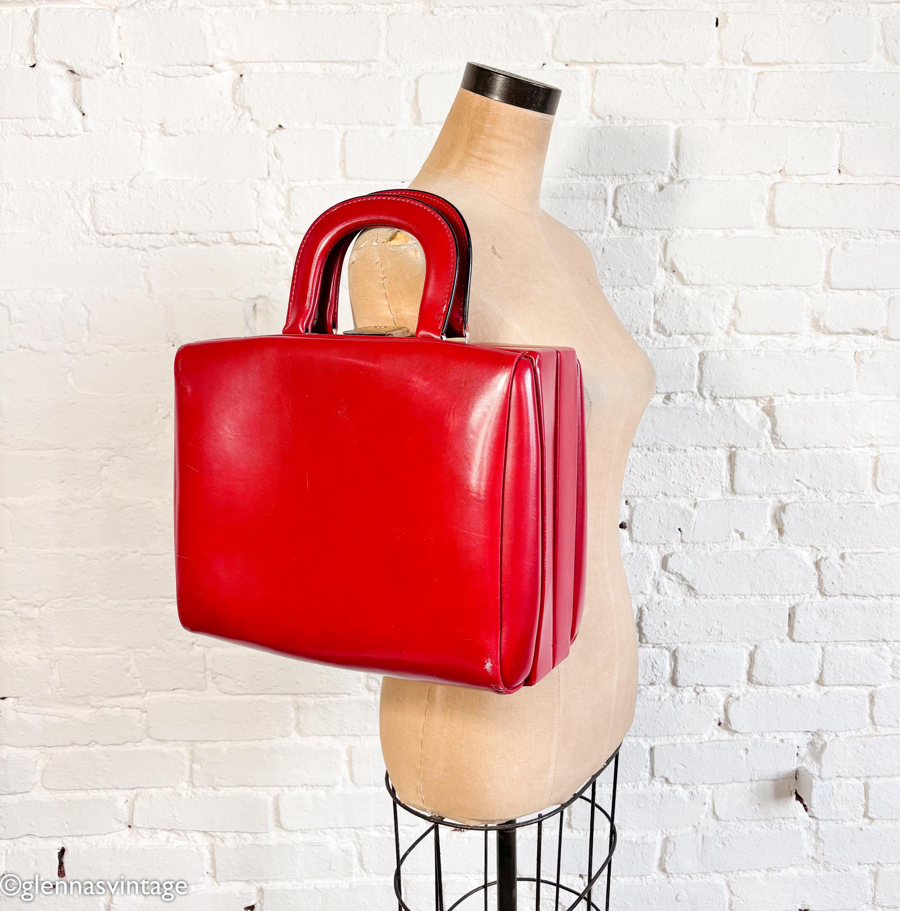 1960s Red Leather Suitcase Handbag | Vintage Faux Red Leather