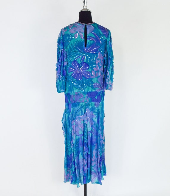 1980s Blue Silk Chiffon Ruffled Party Dress | 80s… - image 5