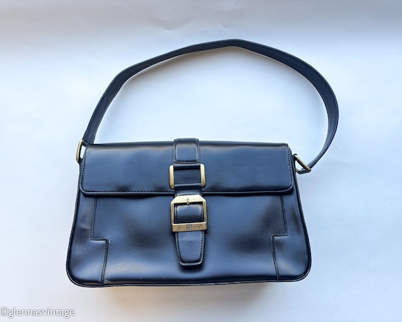 1990s Vintage DKNY Black Leather Shoulder Bag | Flap Closure