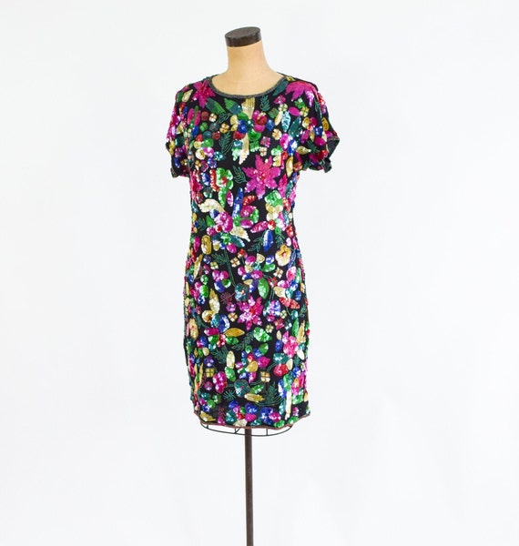 1980s Colorful Sequin Party Dress | 80s Sequin Be… - image 2