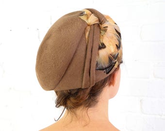 Wool Beret Brown Tweed Antique 1950s Feather Hat Neumann  display picture 1