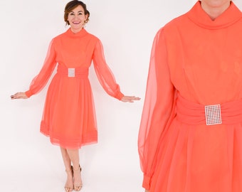 1960s Orange Chiffon Party Dress | 60s Orange Nylon Chiffon Cocktail Dress | 2 Size Dresses Small or Medium