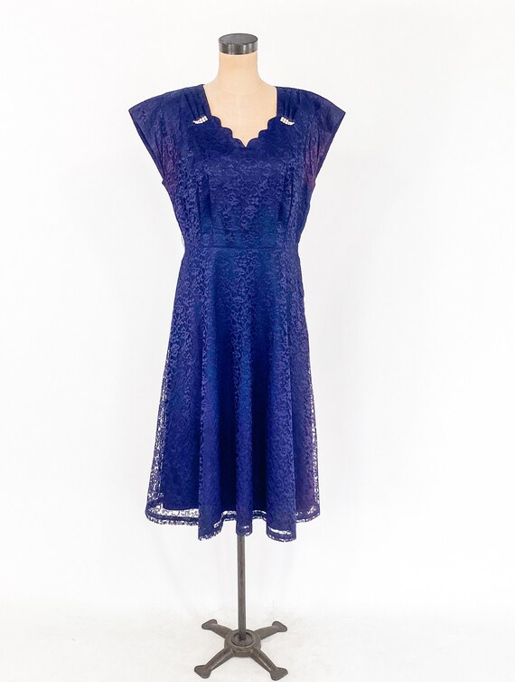 1940s Navy Blue Lace Cocktail Dress | 40s Blue La… - image 5