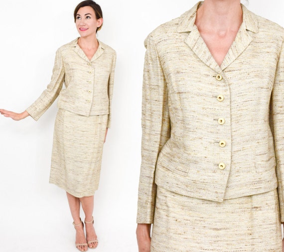 1960s Beige Silk Suit | 60s Beige Raw Silk Skirt … - image 1