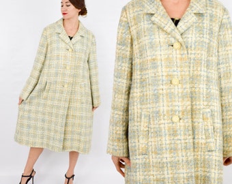 1950s Creme Plaid Wool Coat Mohair | 50s Beige Plaid Winter Coat | Vogue Couturier Design | Extra Large