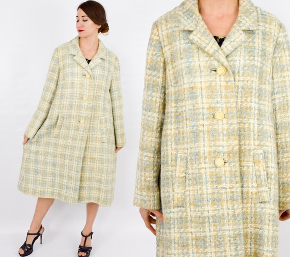 1950s Creme Plaid Wool Coat Mohair | 50s Beige Pl… - image 1