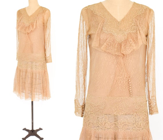 1920s Beige Lace Dress | 20s Beige Ecru Lace & Sil