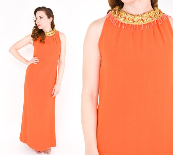 1970s naranja Crepe vestido de noche / 70s naranja sin mangas | Etsy México