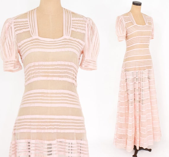 1930s Pink Evening Gown | 30s Pink Striped Tulle … - image 1