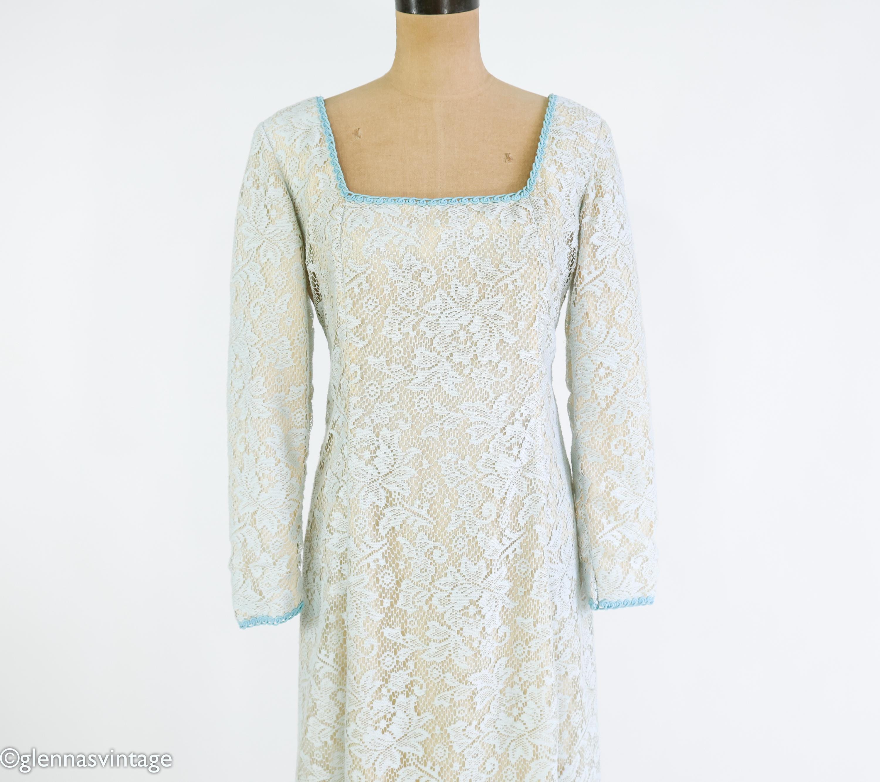 1970s Vintage Beige Lace Maxi | Creme Lace Long Dress, Medium