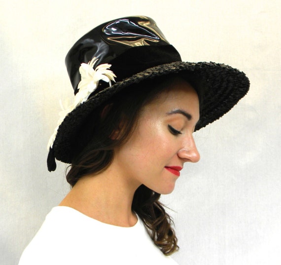 1970s Black Wide Brim Straw Hat | Vintage Patent Leather Hat