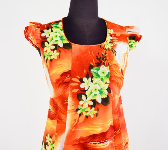 1970s Orange Floral Maxi Dress | 70s Orange Hawai… - image 9