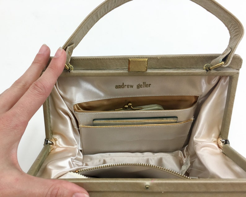 1960s Beige Leather Handbag 60s Tan Leather Box Handbag Andrew Geller image 4