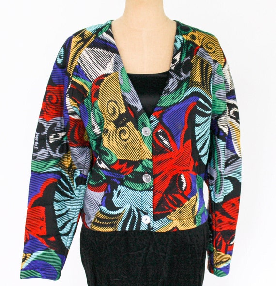 Missoni 1980s Abstract Silk Jacket 80s Colorful Quilted Silk Coat 
