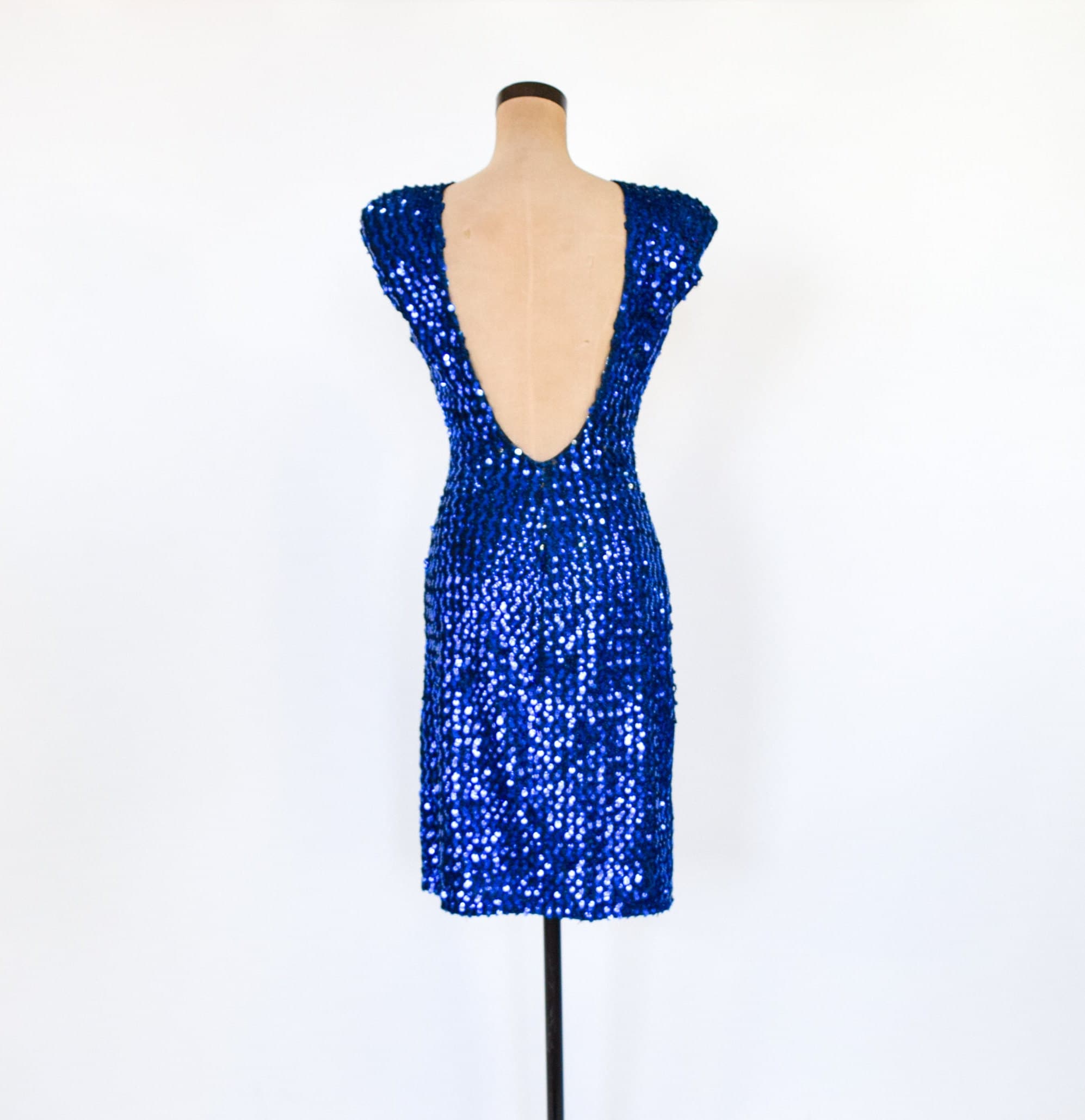 1980s Royal Blue Sequin Party Dress | Scoop Back, Medium