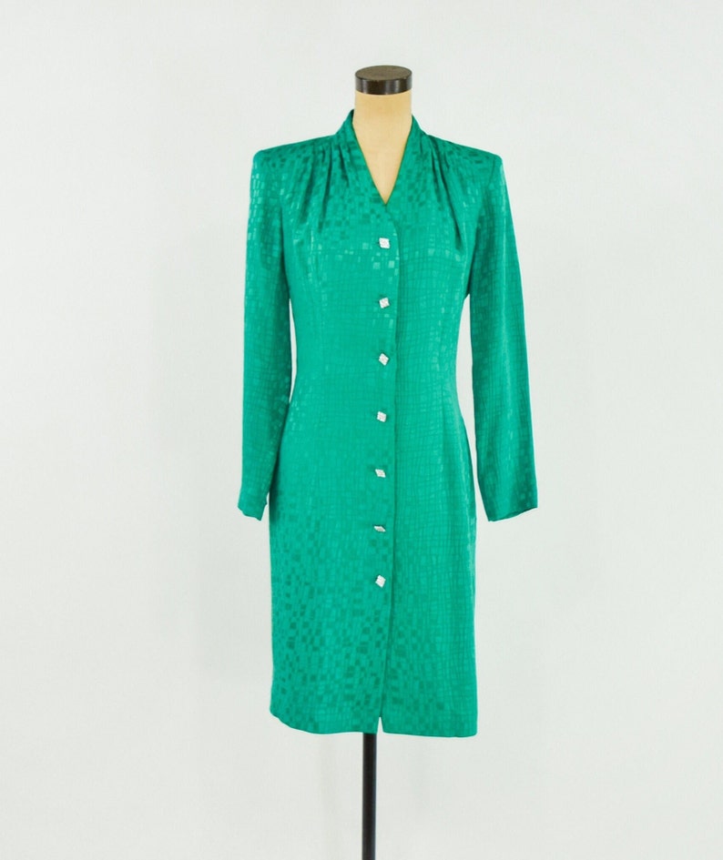 1980s Emerald Green Silk Dress 80s Green 100% Silk Dress Green Coat Dress Medium image 2