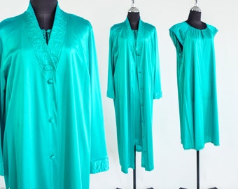 1970s Green Nightgown & Robe Set | 70s Turquoise Peignoir Set | Vanity Fair | Large