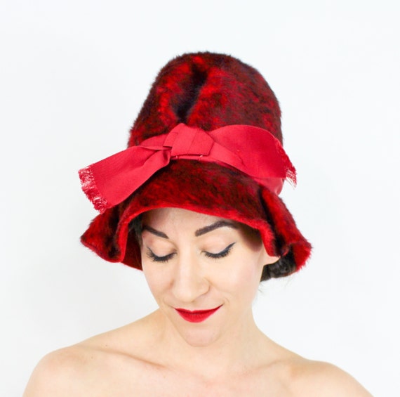 1960s Red Mohair Hat | 60s Cranberry Mohair Bucke… - image 6