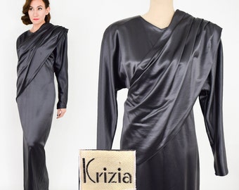 Krizia | 1990s Gray Satin Evening Gown | 90s Charcoal Gray Evening Dress | Krizia | Large