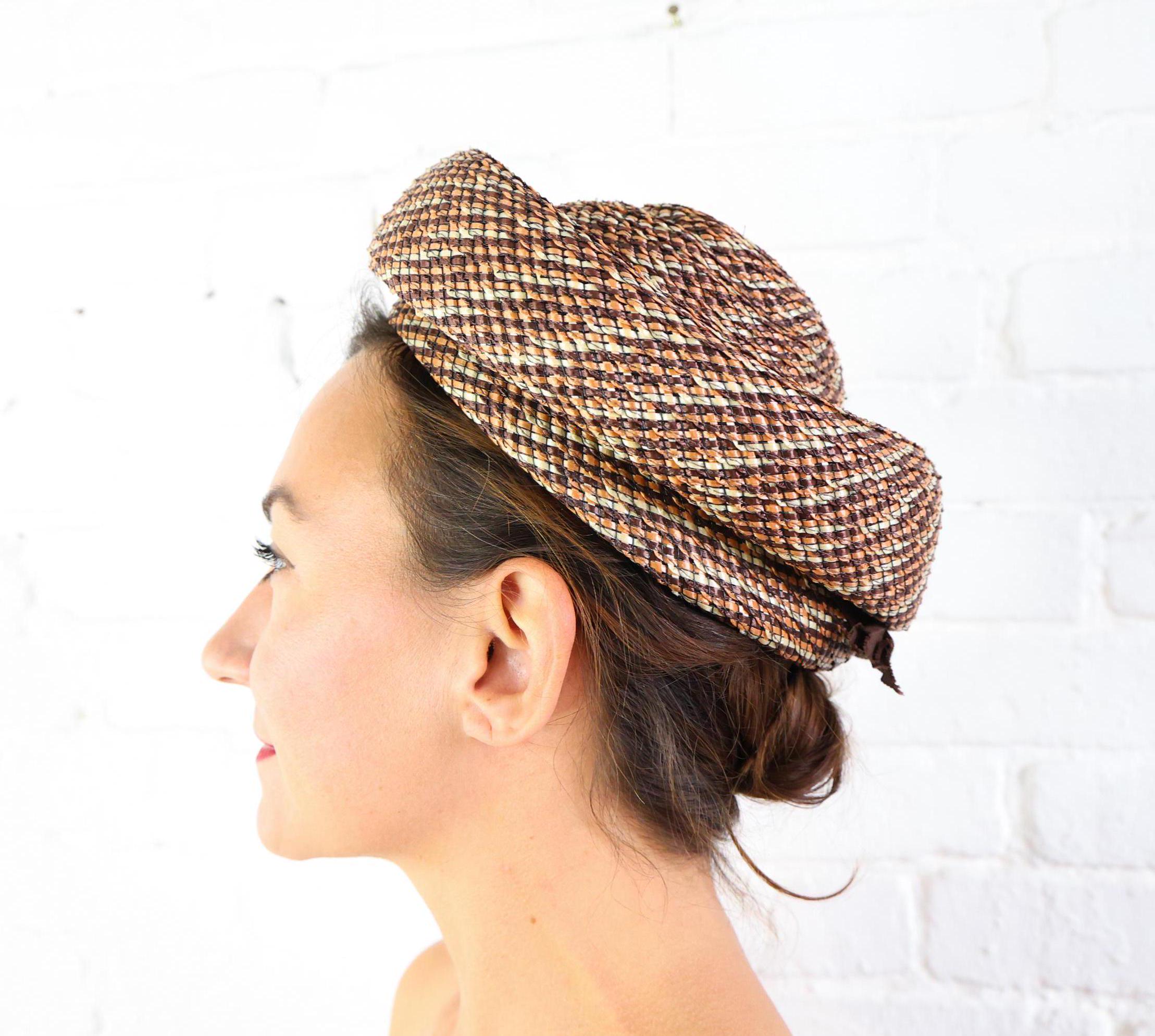 1950s Tweed Woven Straw Hat | Brown Grosgrain Bow - Etsy display picture 1