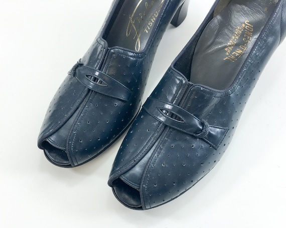 1940s Navy Peep Toe Heels | 40s Navy Leather Heel… - image 1