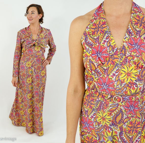 1970s Flowered Metallic Halter Maxi Dress Jacket … - image 1