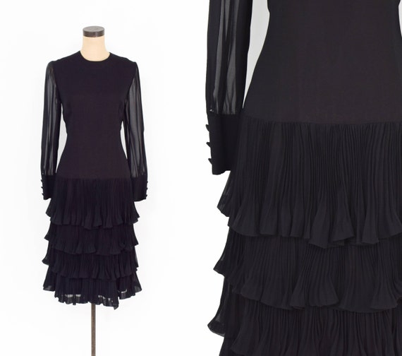 1950s Black Chiffon Evening Dress | 50s Black Silk