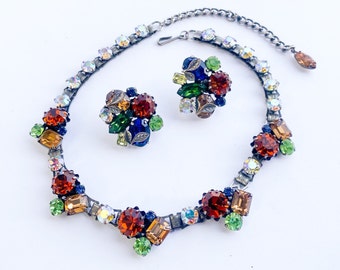 1940s Vendôme Rhinestone Jewelry Set | Vintage Colorful Floral Necklace and Clip On Earrings