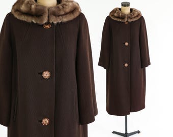 1960s Brown Wool Coat with Mink Collar | Vintage Brown Wool Coat | Styllette Originals, XLarge
